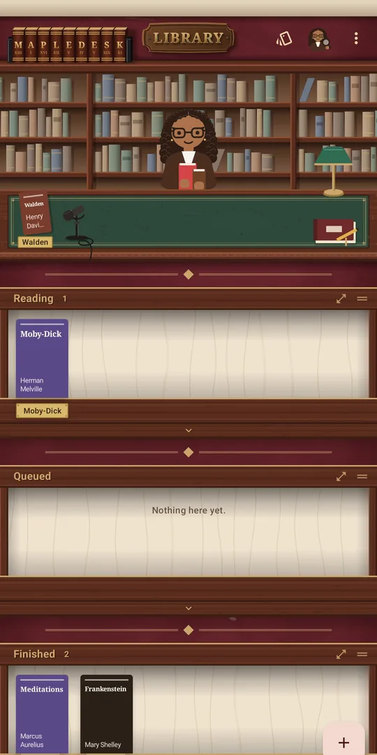 The home screen: the librarian at her desk before a wall of books, with your shelves below