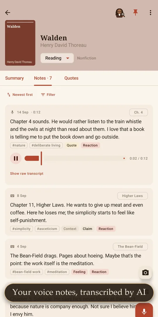 A book's voice notes, each kept as it was said